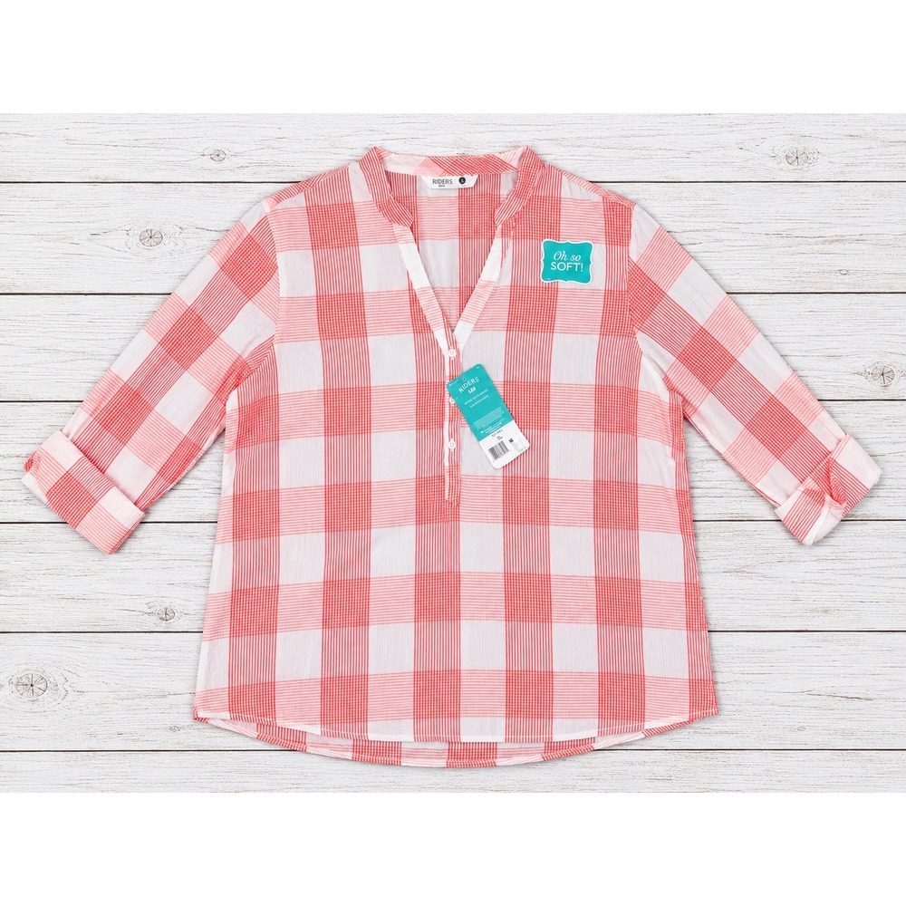 Riders by Lee Shirt Plaid Henly Roll Tab Sleeve Tencel Cotton Soft Pink XL